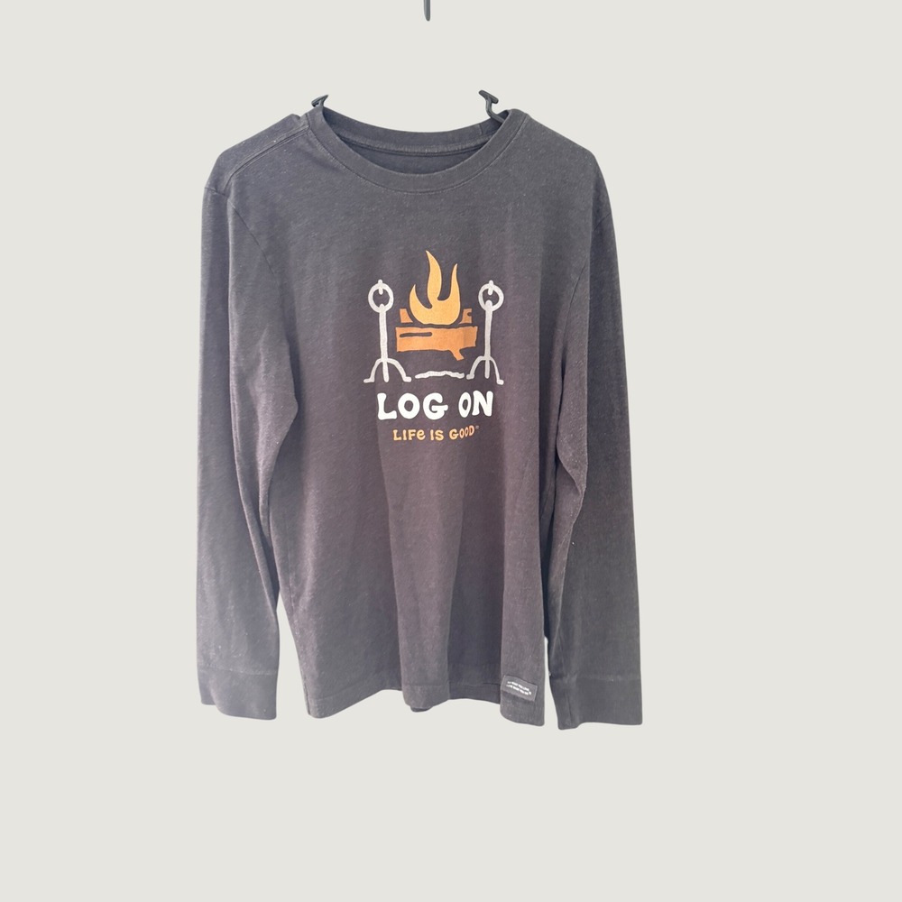 Life Is Good Mens Crusher Tee Long Sleeve Log On Campfire Grey Small